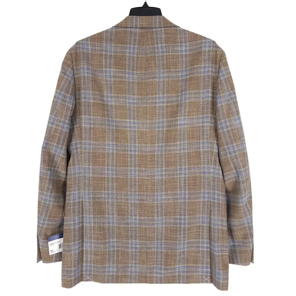 Tommy Hilfiger Mens Modern Fit Sport Coat 40L Tan Blue Plaid Stretch Basketweave